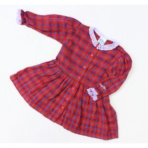 OshKosh B'Gosh Vintage Plaid Flower Dress Size 2T Red & Blue L/S Made in USA